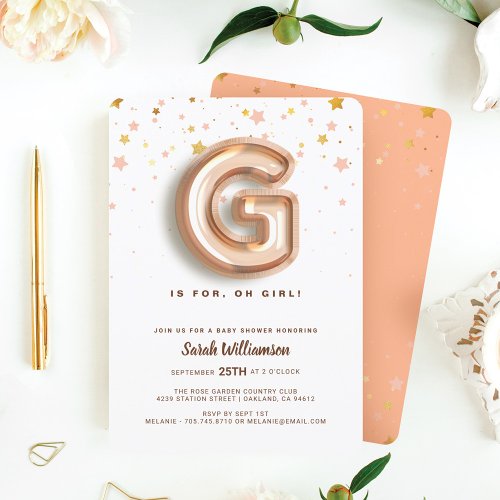 G is For Girl Pink Foil Balloon Letter  Confetti Invitation
