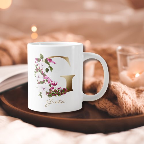 G Letter Gold Monogram White Magenta Green Floral Giant Coffee Mug