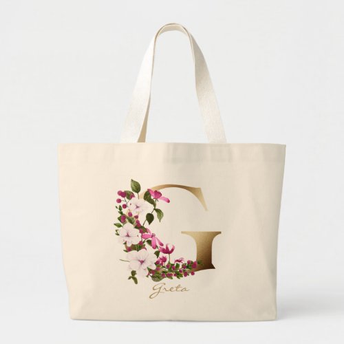 G Letter Gold Monogram White Magenta Green Floral Large Tote Bag