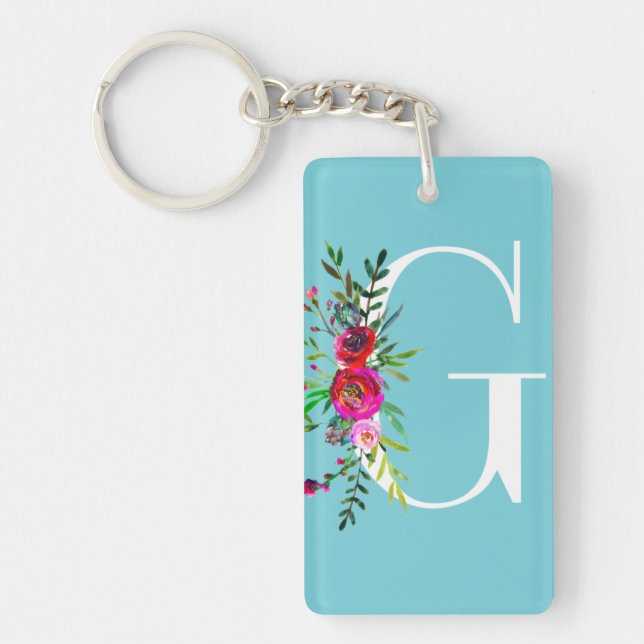 G Letter Initial Monogram Floral Custom Color Keychain (Front)