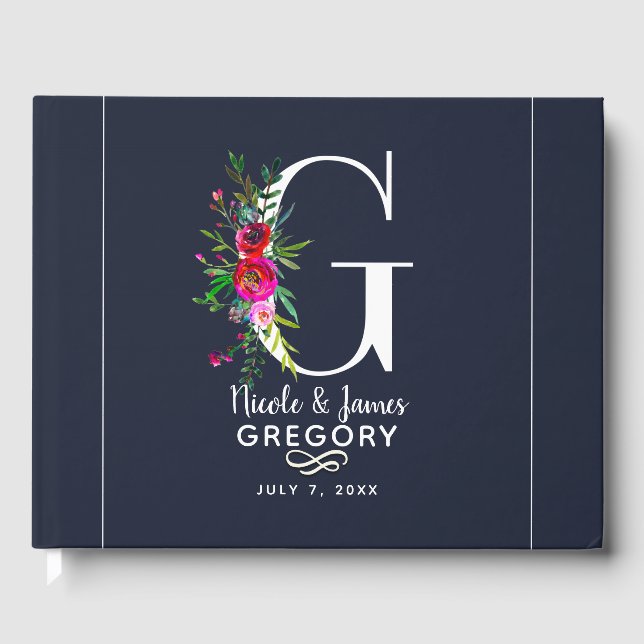 G Letter Initial Monogram Floral Name Wedding Guest Book (Front)