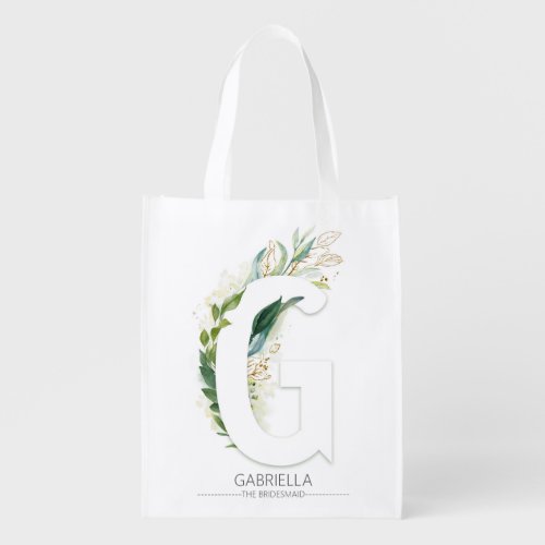 G Letter Monogram Elegant Gold Greenery Foliage Grocery Bag