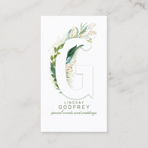 G Letter Monogram Gold Greenery Leaves Elegant Business Card