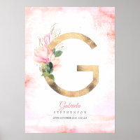 G Letter Monogram Gold Leaves Pink Magnolia Floral Poster