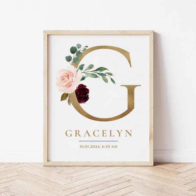 G Letter Monogram Name Marsala Floral Nursery Poster (Creator Uploaded)