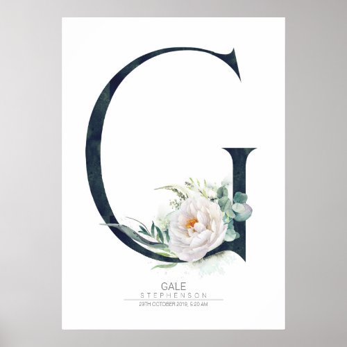 G Letter Monogram White Flowers and Greenery Poster