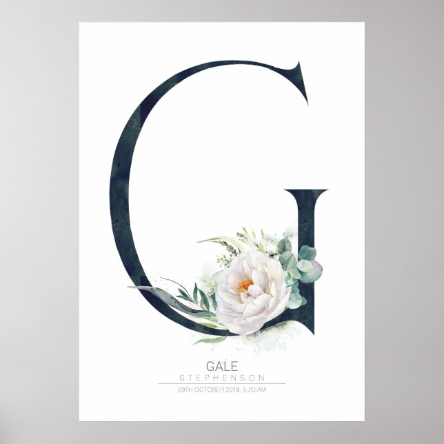 G Letter Monogram White Flowers and Greenery Poster (Front)