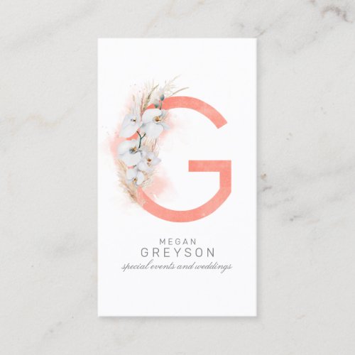 G Letter Monogram White Orchids and Pampas Grass Business Card