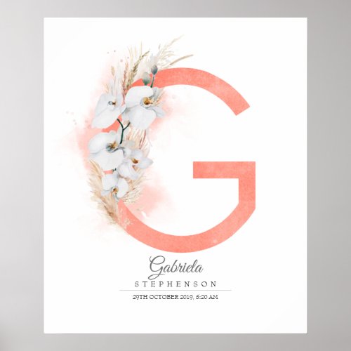 G Letter Monogram White Orchids and Pampas Grass Poster