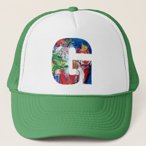 G LETTER  SANTA WITH CHRISTMAS TREE MONOGRAM TRUCKER HAT