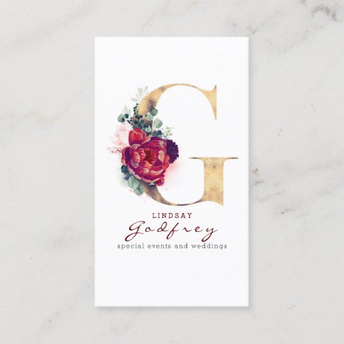 G Monogram Burgundy Red Flowers and Faux Gold Business Card