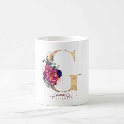 G Monogram Floral Burgundy Red and Navy Blue Coffee Mug
