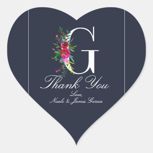G Monogram Last Initial Modern Blue Floral Wedding Heart Sticker