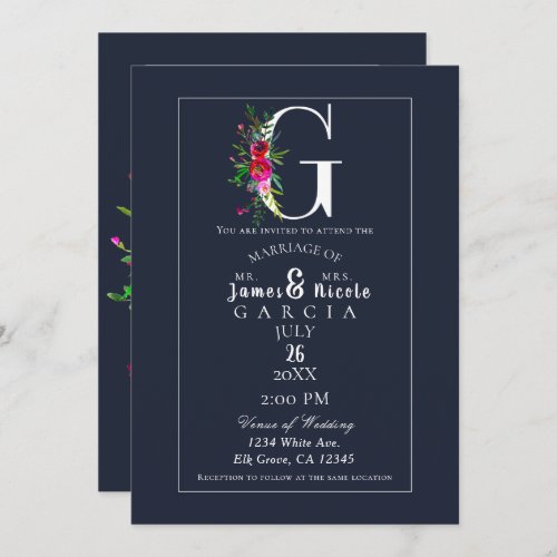 G Monogram Last Initial Modern Blue Floral Wedding Invitation