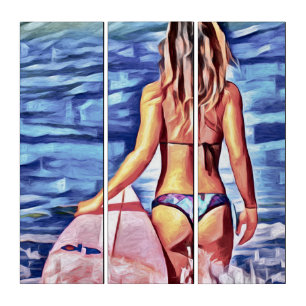 G-STRING BIKINI SURFER GIRL TRIPTYCH WALL ART