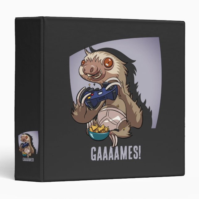 Gaaaames! Funny Sloth Computer Gamer Video Games 3 Ring Binder (Front/Spine)