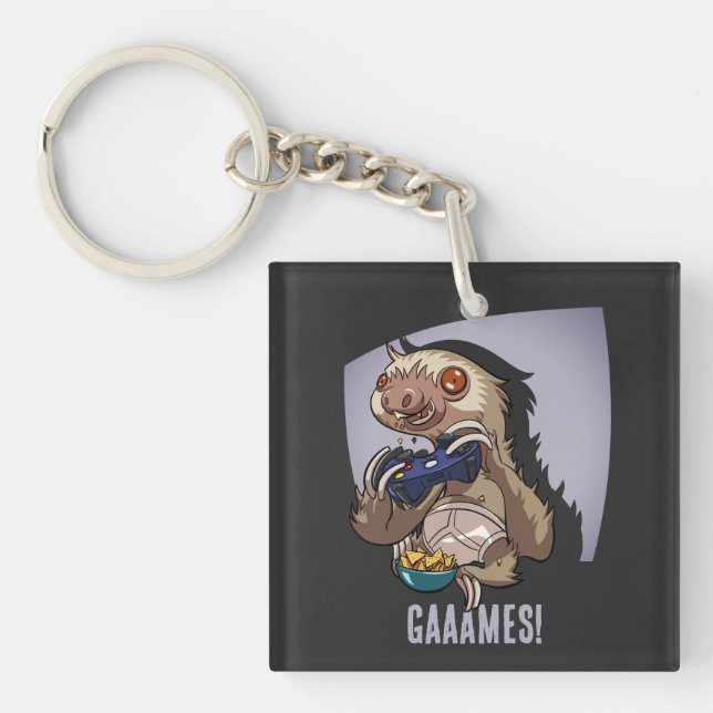 Gaaames! Funny Cartoon Sloth Playing Video Games Keychain (Front)