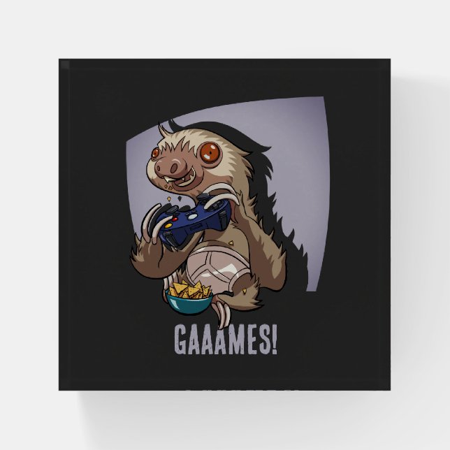 Gaaames! Funny Cartoon Sloth Playing Video Games Paperweight (Front)