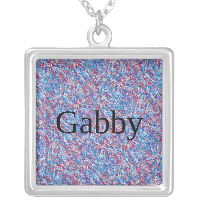 Gabby name with cool red and blue abstract backgro silver plated necklace (Front)