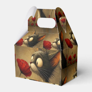 Gable Favor Box Black & White Cat Red Flower