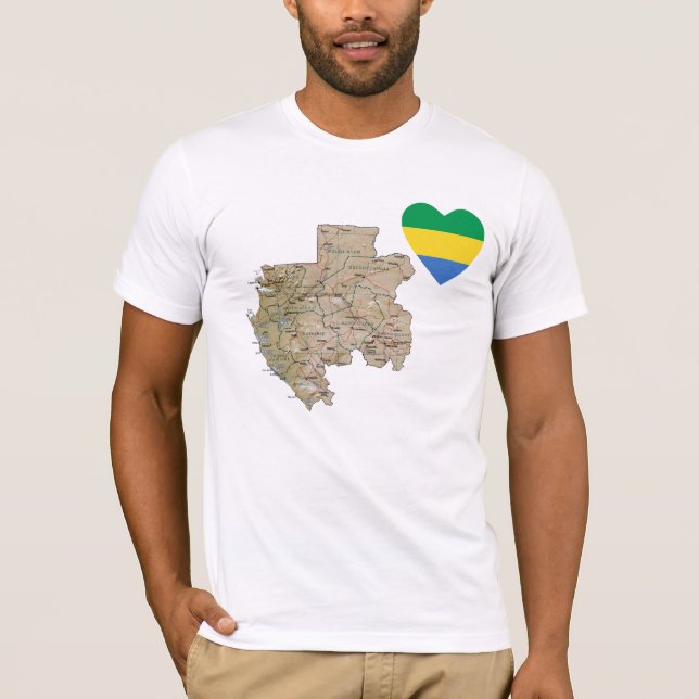 Gabon Flag Heart and Map T-Shirt (Front)