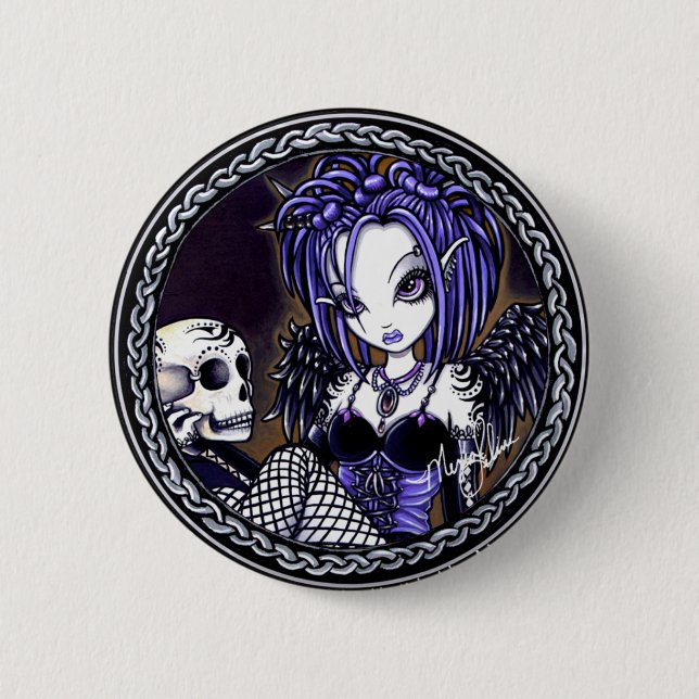 Gabriella Gothic Blue Skull Angel button (Front)