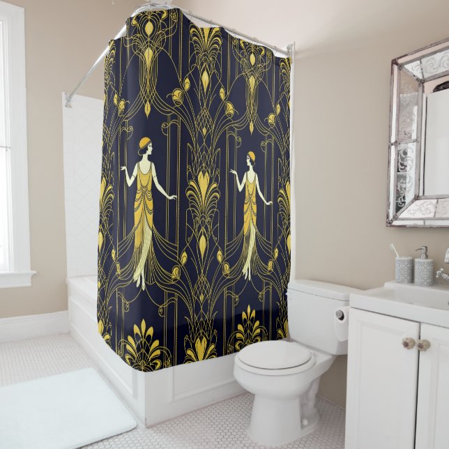Gabsy gold and black decorative pattern shower curtain (In Situ)