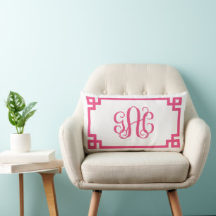 GAC Hot Pink Greek Key Script Monogram Lumbar Pillow