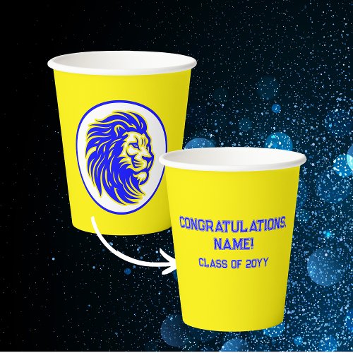 Gahanna Lincoln Lions Yellow and Blue Grad Name Paper Cups