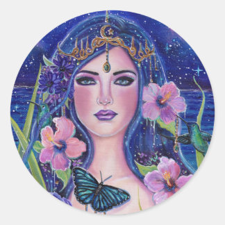 Gaia goddess with hummingbirds by Renee Lavoie Classic Round Sticker