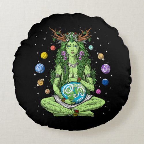 Gaia Mother Earth Goddess Round Pillow