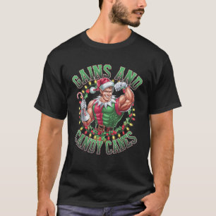 Gains and Candy Canes Funny Christmas Elf Gym Work T-Shirt