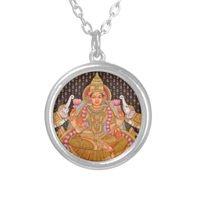 GAJA LAKSHMI INTRICATE TANJORE PAINTING {SOUTH IND SILVER PLATED NECKLACE (Front)