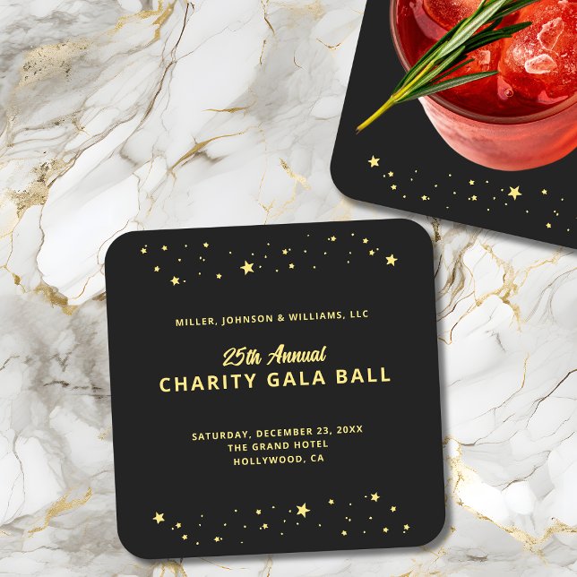 Gala Ball Charity Fundraiser Elegant Black Gold Square Paper Coaster (Gala Ball Charity Fundraiser Elegant Black Gold Paper Coaster, Company Name, Event Details.)