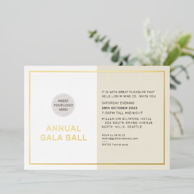 GALA BALL company logo formal neutral ivory gold Foil Invitation (Standing Front)