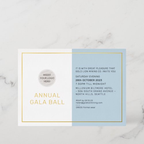 GALA BALL company logo formal pale blue gold Foil Invitation