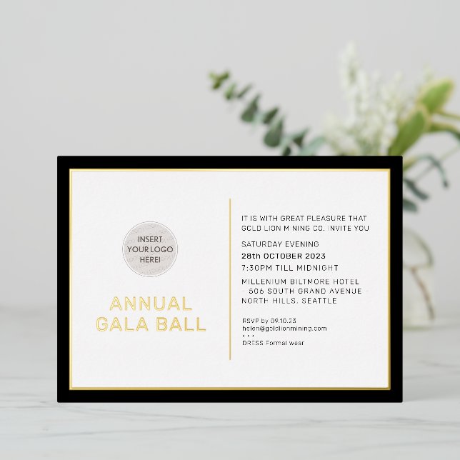 GALA BALL logo modern minimal black tie gold  Foil Invitation (Standing Front)
