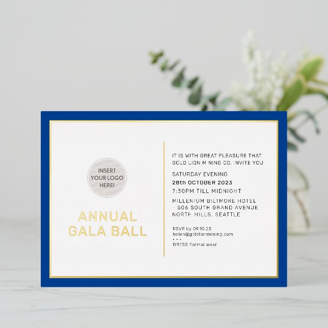 GALA BALL logo modern minimal royal blue gold Foil Invitation (Standing Front)