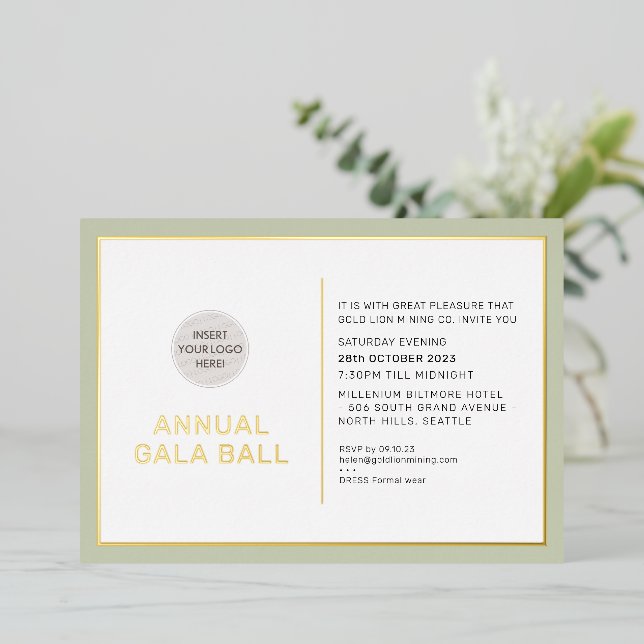 GALA BALL logo modern minimal sage green gold Foil Invitation (Standing Front)
