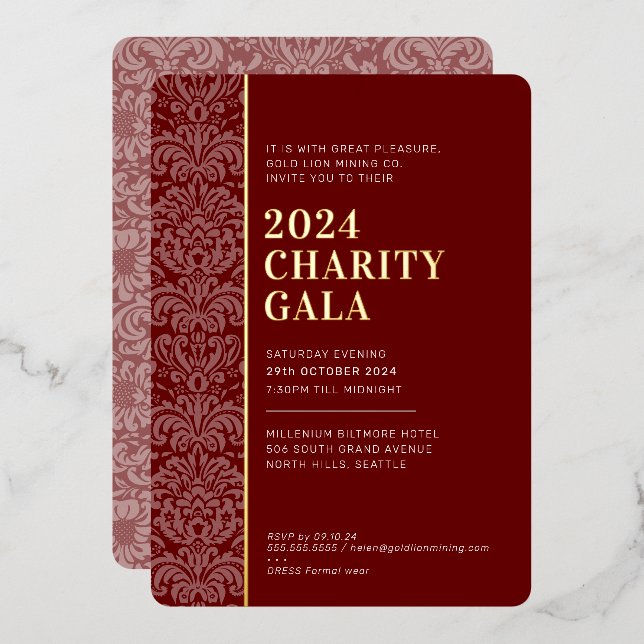 GALA BALL modern elegant event burgundy red gold  Foil Invitation (Front/Back)