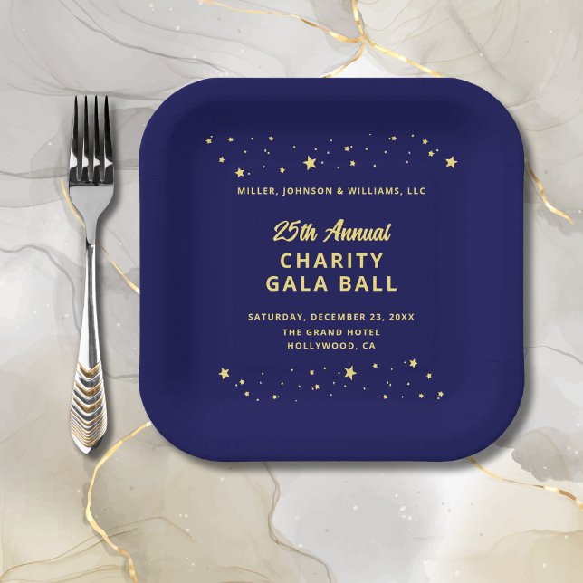 Gala Event Charity Ball Elegant Blue Gold Stars Paper Plates (Annual Charity Gala Ball Event Paper Plate in Navy Blue and Gold with Gold Stars.)