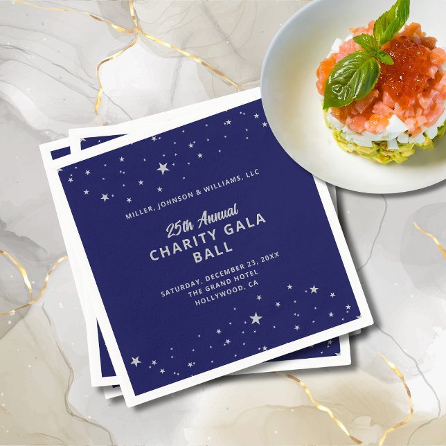 Gala Event Charity Ball Elegant Blue Silver Stars Napkins (Gala Event Charity Ball Elegant Navy Blue and Silver Cocktail Napkin with Event Details, Stars.)