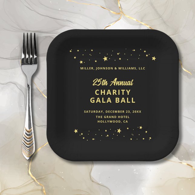 Gala Event Charity Ball Fundraiser Black Gold Star Paper Plates (Gala Event Charity Ball Fundraiser Black and Gold Paper Plate, Company Name,  Event Details, Stars.)