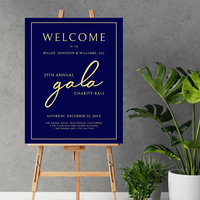 Gala Event Charity Fundraiser Blue Gold Welcome Foam Board (Gala Event Charity Fundraiser Blue and Gold Welcome Sign with Company Name, Date, Details.)