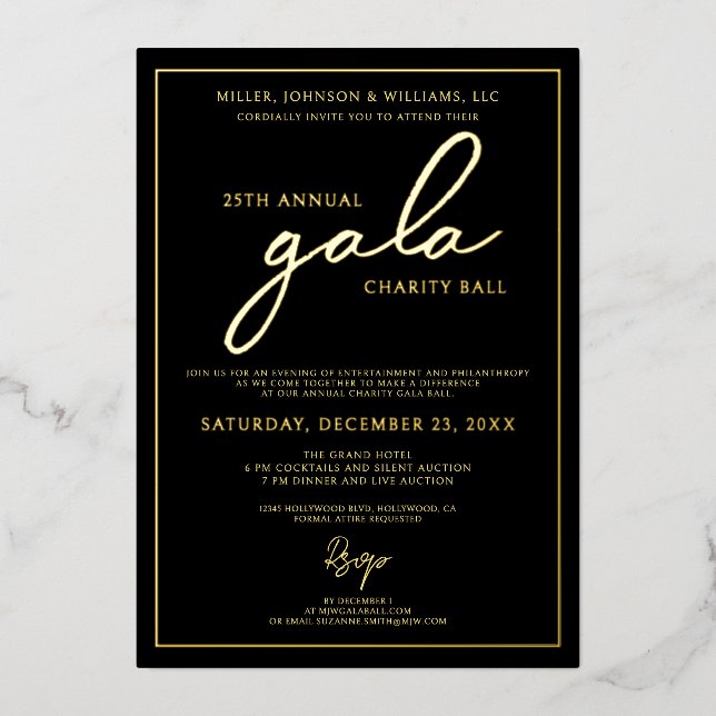 Gala Event Charity Fundraiser Elegant Black Gold Foil Invitation (Front)