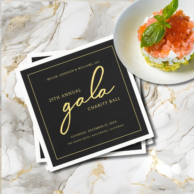 Gala Event Charity Fundraiser Elegant Black Gold Napkins (Gala Event Charity Fundraiser Elegant Black and Gold Cocktail Napkins with Company Name, Event Info.)
