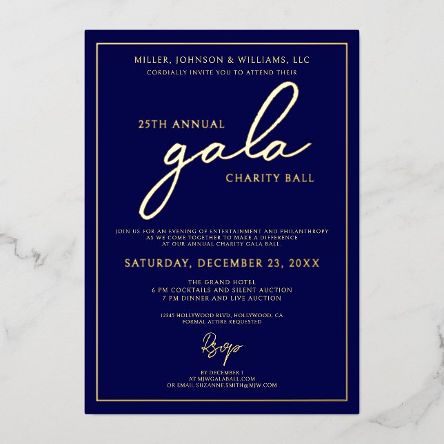 Gala Event Charity Fundraiser Elegant Blue Gold Foil Invitation (Front)