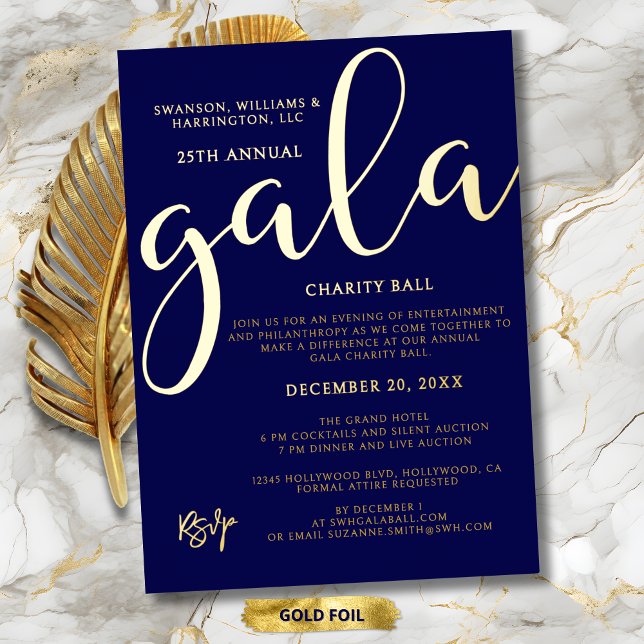 Gala Event Charity Fundraiser Elegant Blue Gold Foil Invitation (Gala Event Charity Fundraiser Elegant Blue Gold Script Foil Invitation for Charity Gala Ball.)