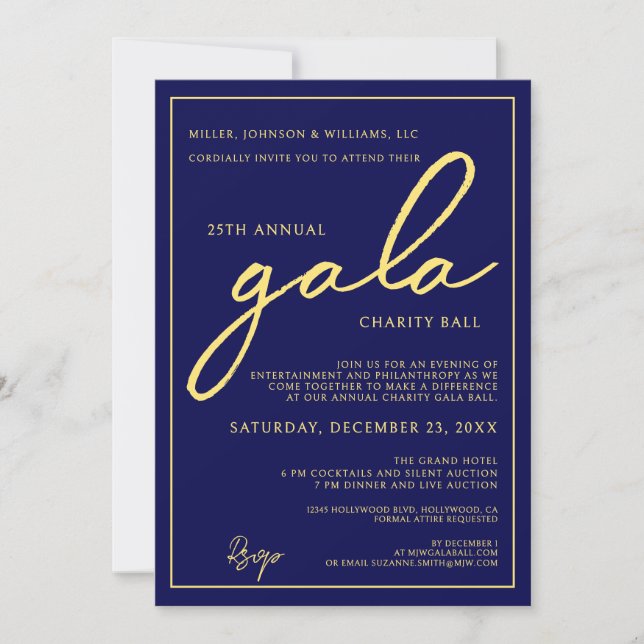 Gala Event Charity Fundraiser Elegant Blue Gold Invitation (Front)