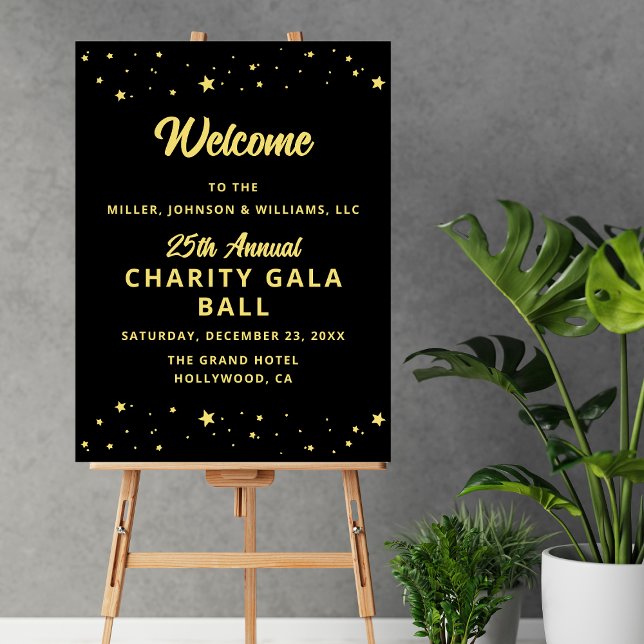 Gala Event Charity Fundraiser Elegant Welcome Sign (Gala Event Charity Fundraiser Elegant Welcome Sign, Black with Gold, Company Name, Event Details.)